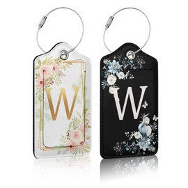 Set of 2 Luggage Tag for Suitcases Floral Letter W PU Leather Luggage Tag with Full Back Privacy Name ID Card Fun Laggage Tags
