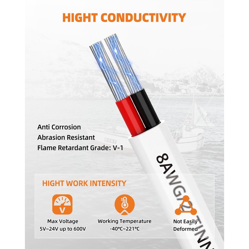 CONEPY 8 Gauge Marine Wire, 8/2 Wire Duplex Marine Grade