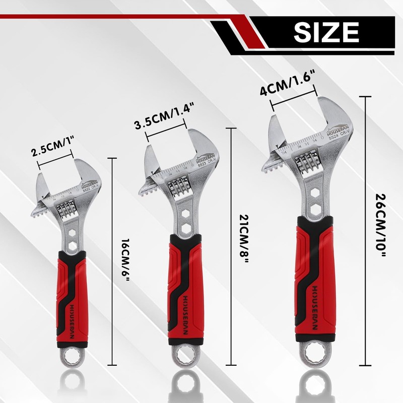HOUSERAN 3-piece Adjustable Wrench Set, 6, 8, 10 Inch, Wide