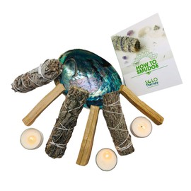 Solo Therapy Positive Energy Smudge Kit: White Sage, Black Sage (Mugwort), Blue Sage, 3 White Sage Tea Light Candles, 3 Palo Santo Sticks, 1 Abalone Shell 5-6", Smudging Instructions in a Gift Box