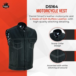 Daniel Smart Mens Leather Motorcycle Vest - Black Biker Vest for Men with White Stitching Design & Multiple Carry Pockets