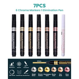 Resiners Mirror Chrome Metallic Markers Pen, 6 Colors Water Based Marker, Reflective Gloss, 2-5mm Larger Application Area, Epoxy Resin Tools and Supplies for Metal Model, Glass Painting DIY Carft