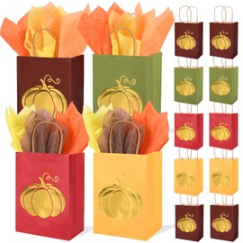 24Pcs Fall Theme Gift Bags with Tissue Paper Foil Gold Pumpkin Kraft Paper Bags Autumn Goodie Treat Bags with Handles for Harvest Holiday Birthday Wedding Thanksgiving Party Favors Supplies