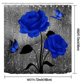 Namdeva - Cortina de ducha de color azul real, cortina de ducha floral, gotas de lluvia, flores florecientes, mariposas, día de San Valentín, decoración moderna de baño, tela impermeable, cortina de