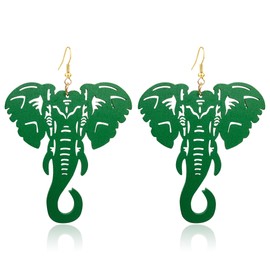 KaFu Lightweight Large Natural Wooden Dangle Earrings Ethnic Style African Elephant Drop Earrings for Women Bohemian Style Jewelry Earrings (Green-1)