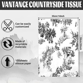 80 Sheets 20 * 14 Inches Vintage Print Tissue Paper for Gift Wrapping, Blue French Toile Gift Wrap Tissue Paper, Retro Decorative Tissue Paper for Wedding Birthday Bridal Shower DIY Craft (Black)