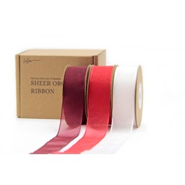 LASOIE-Sheer Organza Ribbon,Bows Ribbon for Gift Wrapping,Christmas Wrapping Paper,Ribbon for Flower Bouquet,Wrapping Ribbon for Presents,Sheer Ribbon, White&RED COLORS-25mm-1 Inch