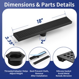 Bernkot Linear Shower Drain 18", 304 Stainless Steel Floor Drain with Grid Drain Cover & Hair Strainer, Rectangular Shower Drain w/CUPC Certified, Matte Black