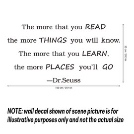 Reading Wall Decals Quotes The More That You Read The More You Know Dr.Seuss Wall Sticker, Removable DIY Inspirational Education Art Vinyl Decal Mural Home Nursery Childrens Bedroom Classroom Decor