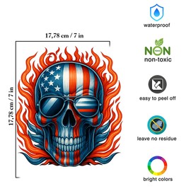 American Flag Skull Car Decal, Patriotic Waterproof Vinyl Sticker with Flames, Red White Blue, 7x7 Inch, Non-Toxic, Laptop, Truck, Door, Window Decal