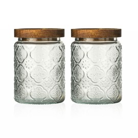 Snminetal Vintage Glass Kitchen Storage Counter Jar, Kitchen and Pantry Glass Storage, with Airtight Wood Lid for Cookies, Candy, Coffee Tea Beans, Grains,Food Storage Containers (plum-pattern*2)