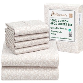 RUVANTI 6 Pcs Cotton Sheets - 100% Natural Cotton Soft, Lightweight & Breathable Crispy Percale Bed Sheets, Queen Sheet Set 16" Deep Pockets, Orchid Charm