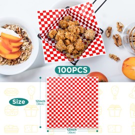 GeeRic GeeRic Waxed Deli Paper Sheets 12 * 12 Inch, 100 Pcs Food Basket Liners for Sandwiches, Burgers, Checkered Deli Wrap Wax Paper Sheets Red