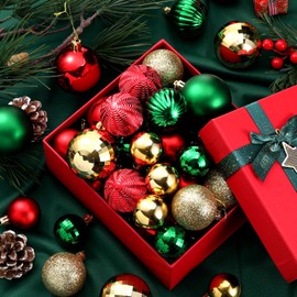 Lunmon 64 Pcs Christmas Ball Ornaments for Christmas Tree Glitter Red Gold Green Ball Ornament Hanging Christmas Decoration Assorted Size Christmas Ornament for Party Supplies, 1.6/1.97/2.4 Inch