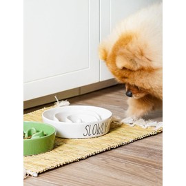 Ceramic Elevated Slow Feeder Dog Bowl - 0.6 Cup Puzzle Feeder with Wooden Stand for Small Breeds, White Pet Dish