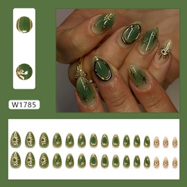 30Pcs Green Press on Nails Gold Sun Star Fake Nails Medium Almond Acrylic Nails Glossy Glue on Nails Full Cover False Nails Gothic Nails Press ons Stiletto Artificial Nails for Women DIY Manicure