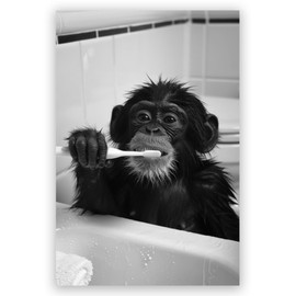 Funny Monkey Brushing Teeth Canvas Animals Poster - Black and White Bathroom Wall Decor 12x16inch Unframed