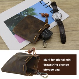 eMagTech Coffee-colored Mini Cowhide Coin Pouch with Drawstring Top Layer Cowhide Coin Organizer Change Holder Leather Mini Key Chain Medieval Pouch Key Wallet