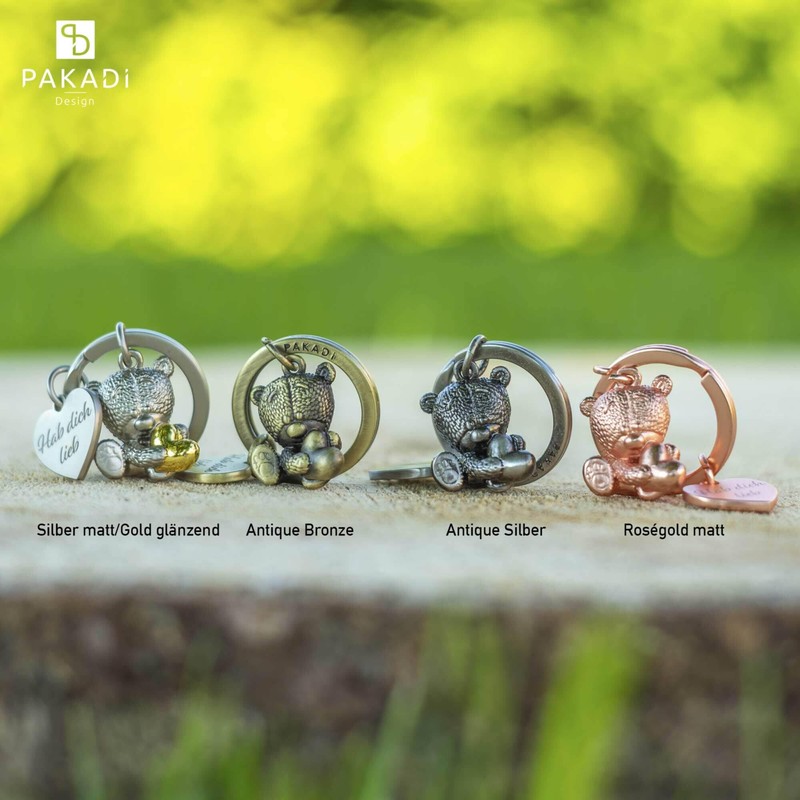 PAKADI Felix Bear Keyring, Silver matt / gold shiny, Keyring