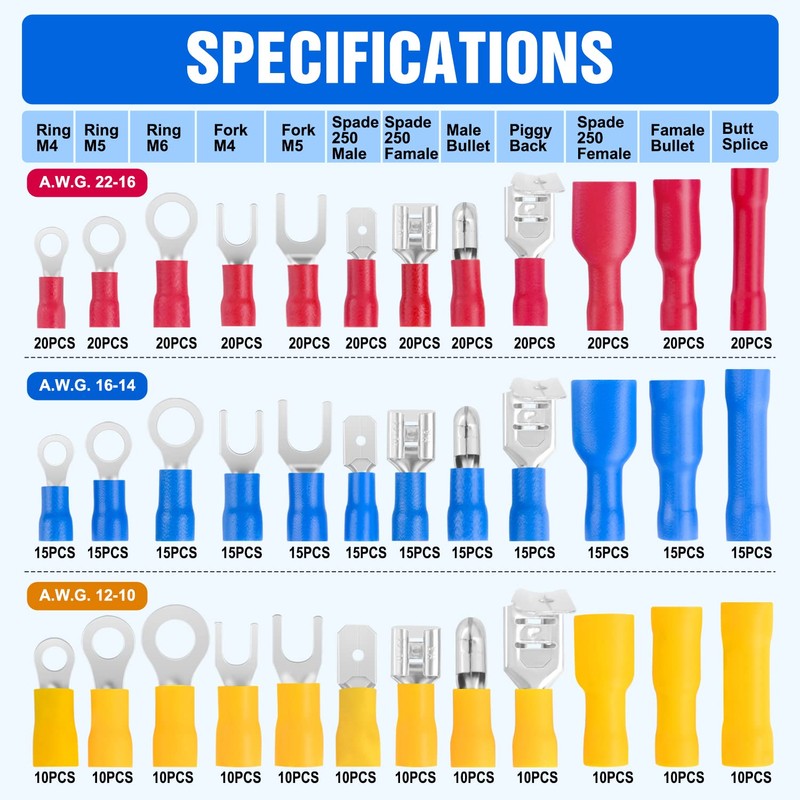 Nilight 540PCS Mixed Quick Disconnect Electrical Insulated Butt Bullet Spade
