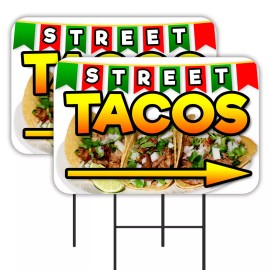 Street Tacos 2 Pack Double-Sided Yard Signs 16" x 24" with Metal Stakes (Made in