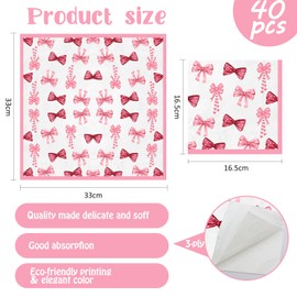 Xunerloy 40 Pcs Pink Bows Party Napkins, Pink Birthday Serviettes, Disposable Table Napkins, Bow Party Supplies for Afternoon Tea Baby Shower Birthday Party Decoration 33x33cm