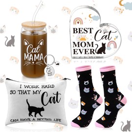 Croknit Cat Gifts for Women Cat Mom Gifts for Cat Lovers Cat Themed Gifts Basket with Cosmetic Bag Socks Keychain 16 oz Coffee Glass Gifts Birthday Gifts for Her Women Birthday Christmas Friends