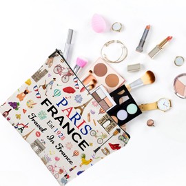 Odebyata Paris Travel Makeup Bag, France Paris Travel Souvenir Gift Cosmeitc Bag for Travelers Besties Girls Friends Travel Lovers, Large Linen Toiletry Organizer Zipper Bag for Daily Use (Paris)