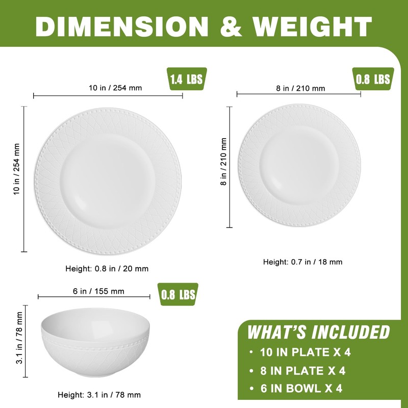 Yoshy 12-Piece White Embossed Mesh Bone China Dinnerware with Lightweight