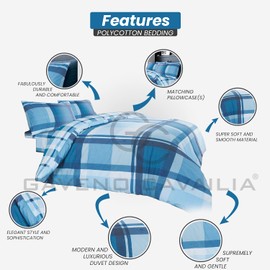 GC GAVENO CAVAILIA Reversible Single Check Duvet Set | Modern Reversible Striped Bedding | Polycotton Geometric Tartan Quilt Bed Set With Matching Pillow Case | Blue