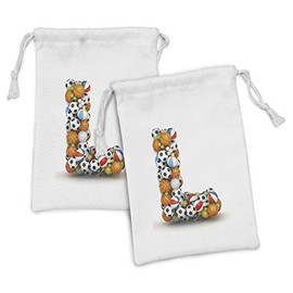 Ambesonne Letter L Fabric Pouch Set of 2, Basketball Football Volleyball Tennis Athleticism Teamplay Motivation Theme Print, Small Drawstring Bag for Toiletries Masks and Favors, 9" x 6", Multicolor