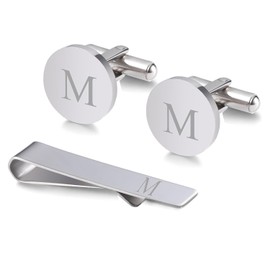 WIGERLON Initial Cufflinks and Tie Clip Set for Men,Stainless steel Letter Cuff Links and Tie Bar Set gift for Father Husband Son Boyfriend M Silver