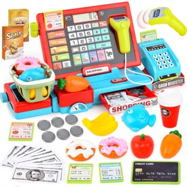 JoyGrow Cash Register Toys for Kids Pretend Play Supermarket Shop Toys With Real Calculator,Working Scanner,Credit Card,Play Food,Money and more,Learning Educational Toys for Kids Boys Girls (Bule)