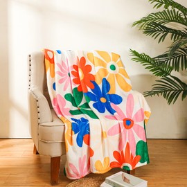 Frienda 70s Retro Throw Blanket Groovy Flannel Soft Blanket Vintage Boho Hippie Aesthetic Decorative Blanket Colorful Warm Fleece Cozy Couch Bed Chair Sofa Supplies 50" x 60"(Flowers)
