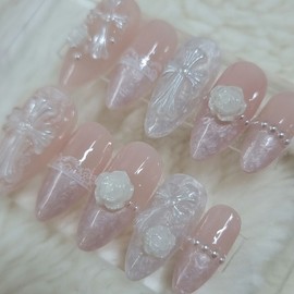Rose Veil Cross Handmade Nail Tips Wedding Pearl Shell - Ballerina / 로즈 베일 크로스 수제네일팁 웨딩 진주쉘 - 발레리나