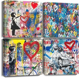 Biufo Banksy Canvas Wall Art Prints Pop Graffiti Street Art Pictures for Bedroom Living Room Wall Decor (12"x12"x4Pcs)