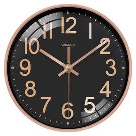 VIKMARI 10 Inch Wall Clock, Silent Black & Gold Easy to Read Modern Clock for Kitchen Living Room Bedroom Home School