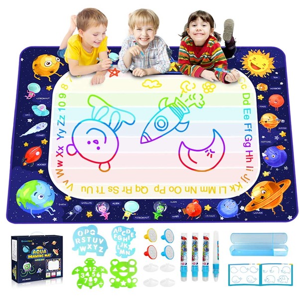 Water Drawing Doodle Mat, Kids Montessori Toy Age 3-8 Year Old 100 x 70CM Acqua Painting Mat Magic Colouring Educational Learning Game Toddlers Boys Girls Birthday Xms Gift Present Stocking Filler