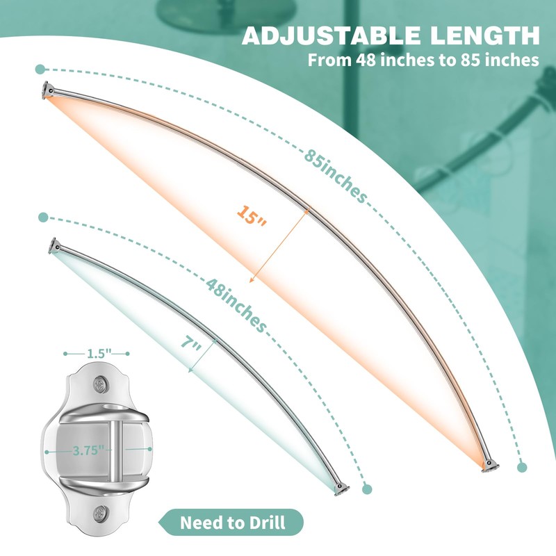 Mcrbeay Curved Shower Curtain Rod, Adjustable 48-85 inches Extra Wide