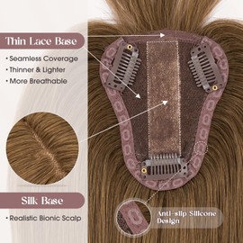 MY-LADY Human Hair Toppers for Women Real Human Hair with Bangs Thin 8 * 10CM Lace Silk Base Clip in Remy Hairpieces Hand-Tied Light Weight 12 Inch Medium Brown