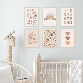 Canssape Boho Wall Art Set of 6 Beige Pictures Alphabet Numbers Wall Prints Rainbow Art Wall Decor Heart Prints Decor 8"x10" Kids Wall Art for Baby Kids Bedroom Decor Nursery Wall Decor (Unframed)