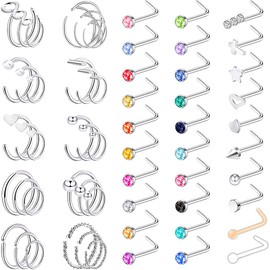 PunkTracker Nose Rings 60 Pieces Nose Rings for Women Stainless Steel L Shape Nose Ring Hoop Studs Screw Face Nose Ring 20G for Cartilage, Stainless Steel, L-shape