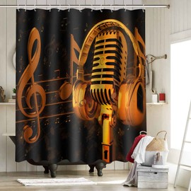 NTETSN Music Shower Curtain Musical Instrument Gold Microphone and Music Notes Bath Curtain Black Background Art Deco 72x72 Inch Polyester Fabric Bathroom Curtain with 12 Hooks YLOKNT0036