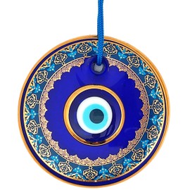 Erbulus 4.3" Glass Blue Evil Eye Wall Hanging Gold and Turquoise Floral Design Ornament – Turkish Nazar Bead - Home Protection Charm - Wall Art Amulet in a Box
