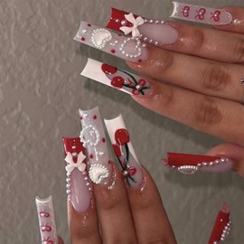 IMRAIN Press on Nails Long Square Fake Nails Glossy Red Cherry False Nails with White Bow & Heart Designs Acrylic Artificial Nails for Women Girls 24pcs Extra Long Squoval Glue on Nails