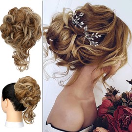 Yekartary Messy Hair Bun Women Updo Ponytail Chignon Synthetic Curly Tousled Hairpieces with Wavy Tendrils Elastic Scrunchies Extensions Ash blonde mix Ginger Brown