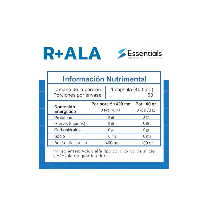 Ácido alfa lipoico R ala 400 mg 60 cápsulas.