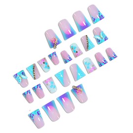 24Pcs Blue Duck Press on Nails 3D Handmade Fake Nails Long Duck Nails Press ons Reusable False Nails Kit Summer Nails with 3D Butterfly, Flower and Rhinestone Designs Glossy Glue on Nails for Women