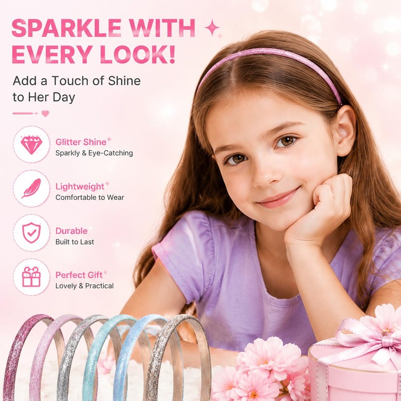 6 Pack Thin Glitter Headbands for Girls, Sparkly Sequin Toddler