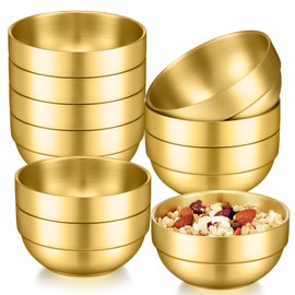 Lallisa 10 Pieces Mixing Bowls Double Wall Thick 304 Stainless Steel Sauce Dishes Round Serving Metal Bowls for Rice Noodle Fruit Salad Soup Seasoning Appetizer Sushi Dipping, Gold (4.1 Inches)